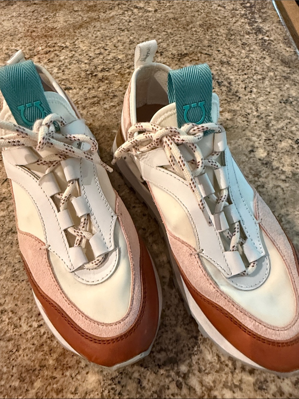 Salvatore Ferragamo White, Pink, Brown & Teal Leather & Suede Sneakers